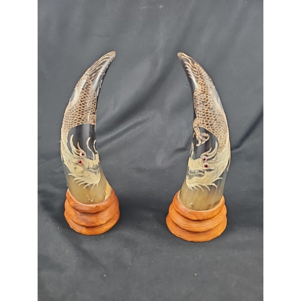 Pair Of Ornate Decorated Buffalo Horns Hand Carved Vintage Asian Dragon Design